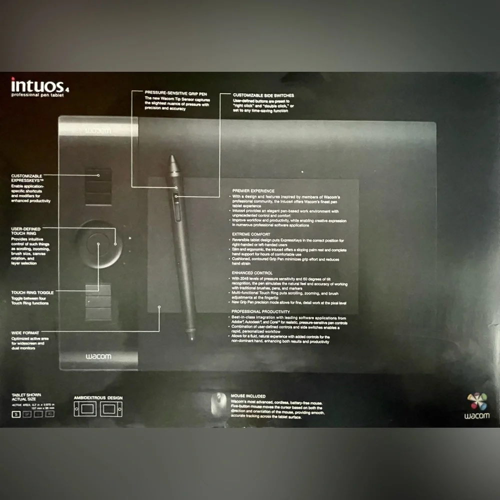 Intuos 4 Wacom Tablet Artist Drawing Pad & Pen in Orig Box - Black - Small Size